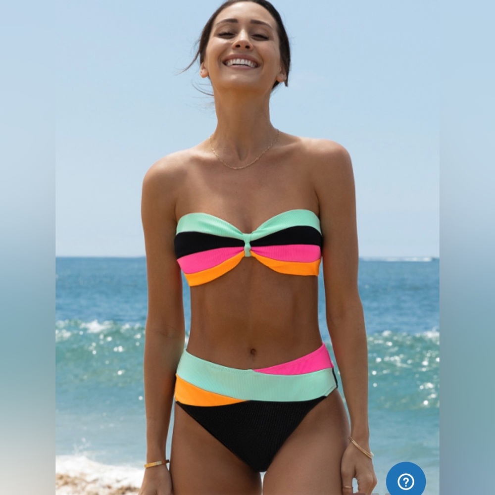 Colorblock Bandeau Bikini Set in Mint, Pink, Orange & Black